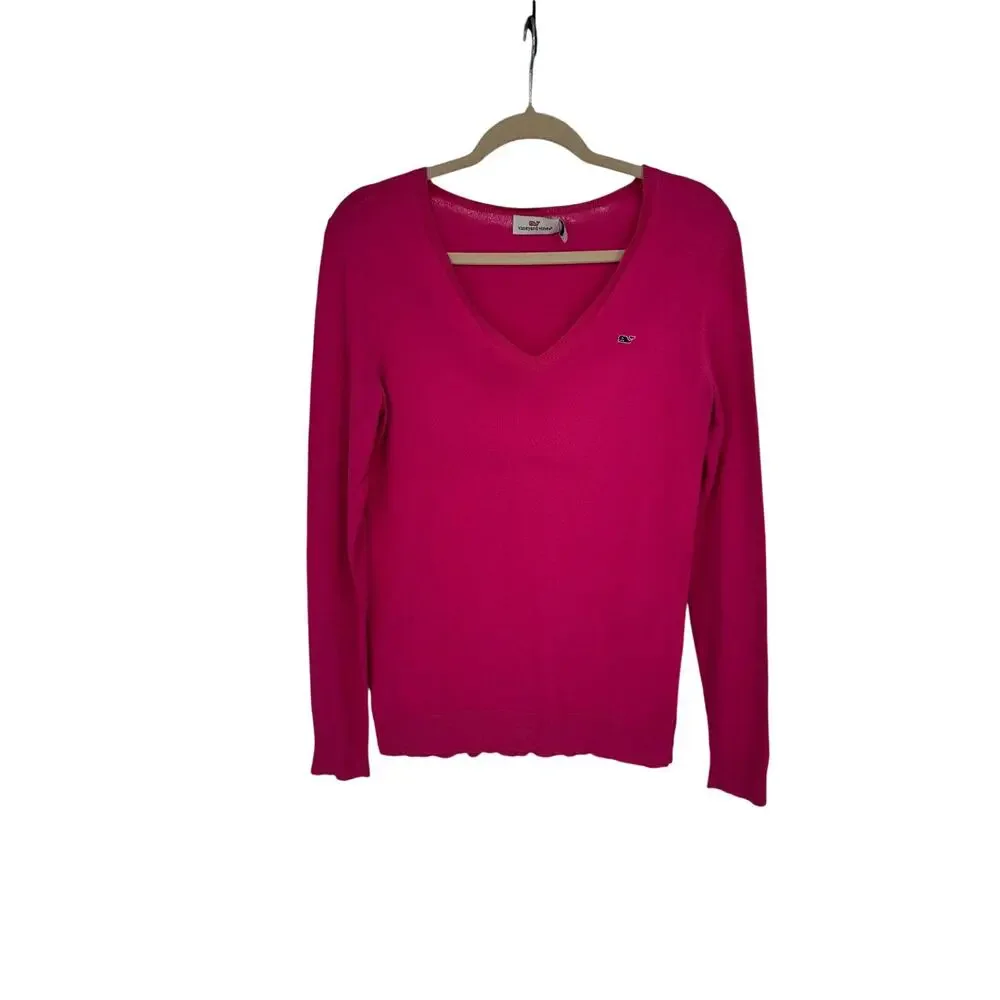 Vineyard Vines Pink V-Neck Sweater Womens XS Cotton Long Sleeve Whale Logo
